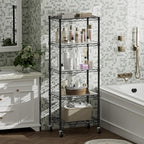 SINGAYE 5 Small Shelf Storage Wire Shelves Closet Bathroom Organizers Metal Pantry Kitchen Garage Shelving Unit Laundry Room Organization Home Narrow Rack Net Basket with Wheels Black