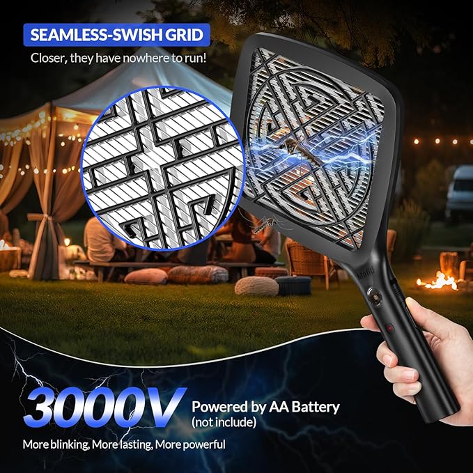 Mafiti Bug Zapper 3000V Mini Electric Fly Swatter with LED Light,Bug Zapper Indoor with Safety Grid for Home,Kitchen&Outdoor Camping-AA Battery Powered (not incl.)