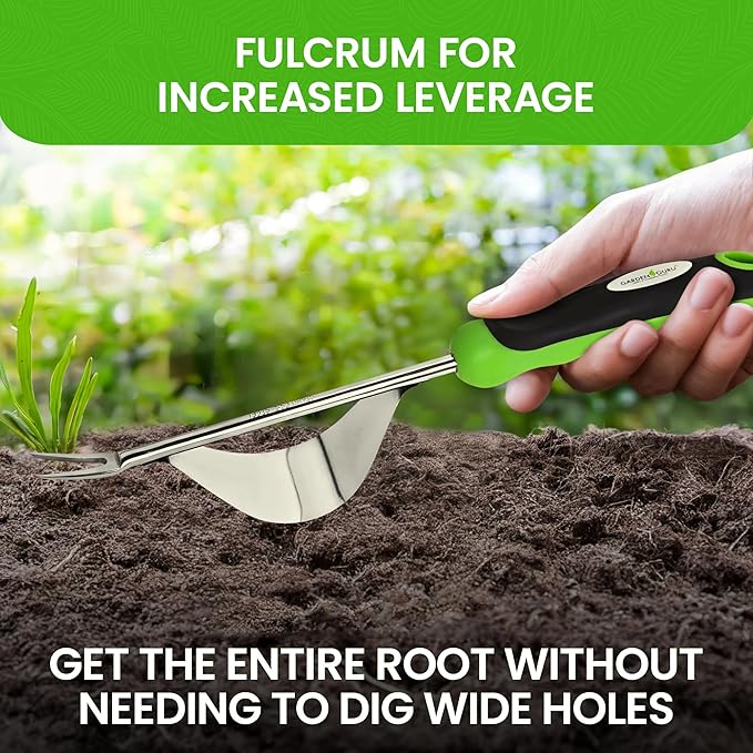 Garden Guru Dandelion Weeder Tool with Fulcrum - Rust Resistant Stainless Steel Weed Puller Weed Puller with Leverage Base, V-Shaped Fork Tip & Ergonomic Handle - for Planting & Weeding (4 Pack)