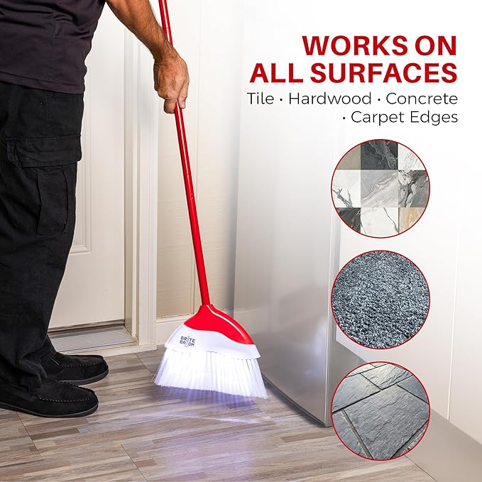 Indoor Broom with LED Lights | Angle Broom for Dark Corners & Low Light Areas | Soft Bristle, Adjustable Long Handle | Floor Sweeper for Kitchen, Room, Office & Garage (Red)