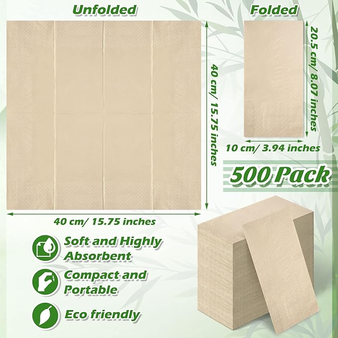 WILLBOND 500 Packs Disposable Paper Napkins Bulk Bamboo Paper Towels Disposable Hand Towels for Bathroom Eco Unbleached Brown Dinner Napkins