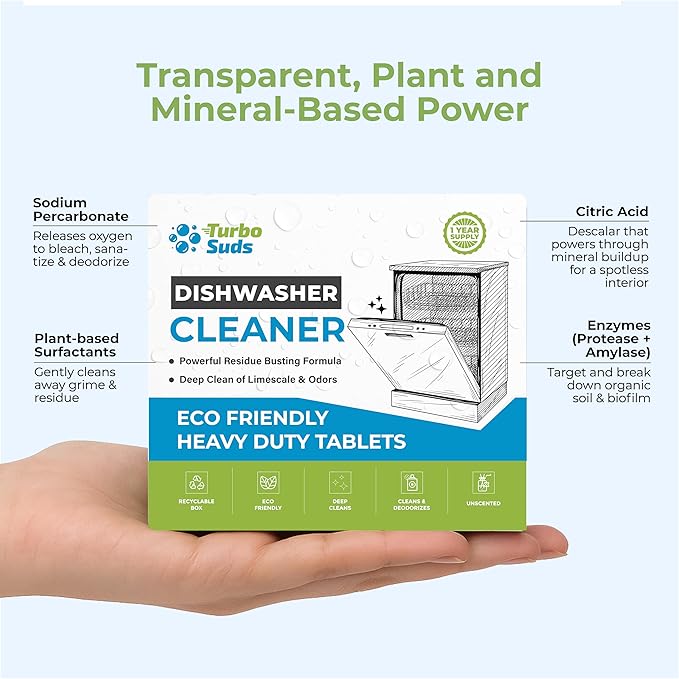 Heavy Duty Dishwasher Cleaner Tablets – Deep Cleaning Descaler & Deodorizer, Fragrance-Free, Plastic-Free Formula – Septic-Safe (12 Tabs, 1 Year Supply)