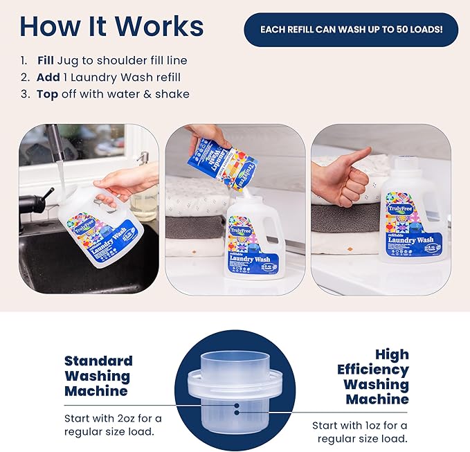 Truly Free Natural Laundry Detergent for Sensitive Skin | Eco Friendly, Plant Based, Baby Clothes Safe | Clean & Easy Powder to Liquid, 3 Pack Detergent + 1 Refillable Jug | Unscented, 150 Loads
