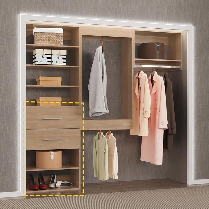 MODCART 2 Drawer Short Tower Closet Unit, Modular Closet System, Wood Closet System Organizer with Storage for Walk In Closets, Clothing Rack Closet for Hanging Clothes, Bedroom, Wood, 25.5"W
