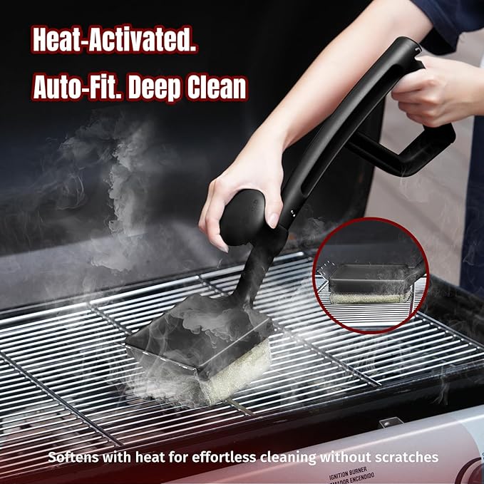 SHINESTAR Bristle-Free Griddle Cleaning Kit – BBQ Steam Grill Brush with 2 Replacement Heads & Scraper for Cast Iron & Stainless Steel Grates,Excellent Grill Tools, Black