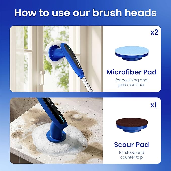 iKLYN Electric Spin Scrubber - Cordless Power with Long Handle, 8 Attachments, LED Display, 2 Speeds for Bathroom Shower Tub Bathtub Floor Cleaning