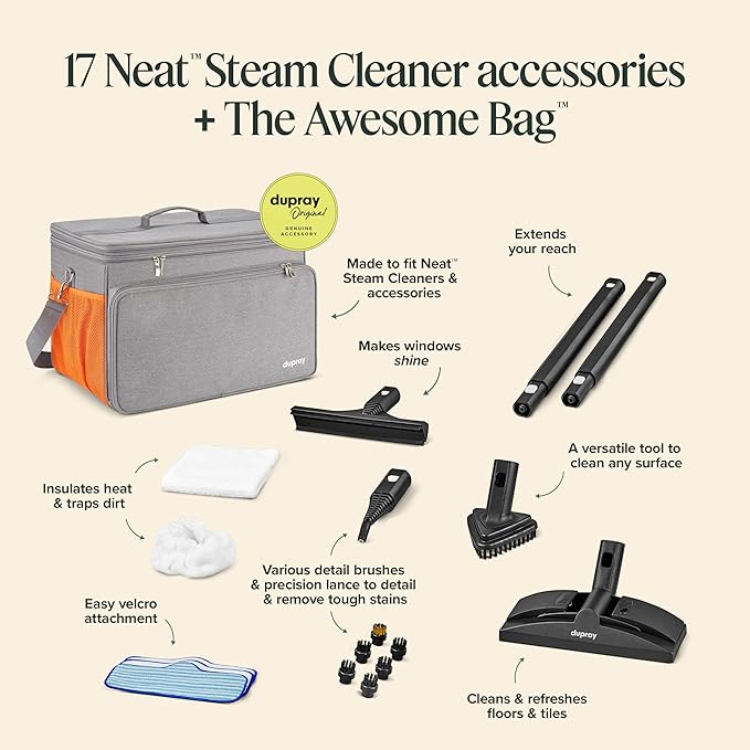 Dupray Neat Steam Cleaner with 18-Piece Kit – (Neat with the Awesome Bag) Powerful, chemical-free cleaning for floors, cars, tiles, grout, and more. *Kills 99.9% of Bacteria & Viruses