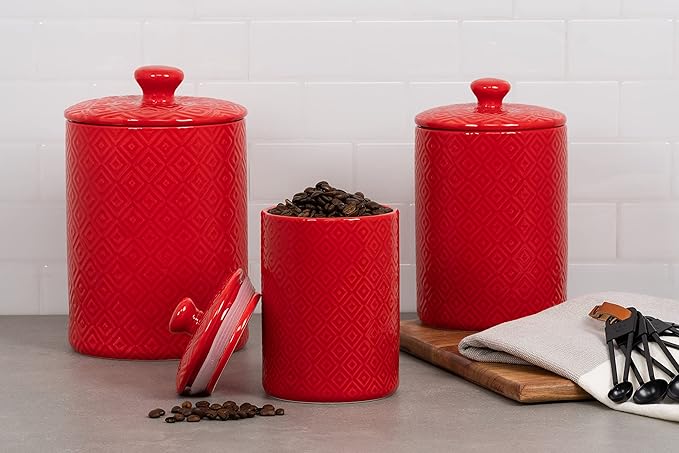 10 Strawberry Street CAN RED Diamond Kitchen Canister Set, Set of 3, Model:CAN-DIAMOND-RED-SET