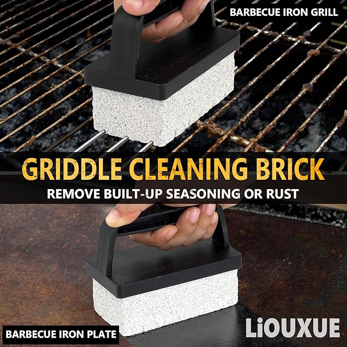 LIOUXUE Griddle Cleaning Kit for Blackstone, Flat Top Grill Cleaning Kit with Griddle Brush with Handle, Grill Stone Cleaning Brick, Scouring Pads & Griddle Scraper- Easy to Remove Stain