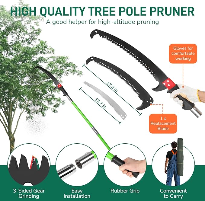 Outvita Manual Pole Saw, 30 Feet Extendable Tree Pruner with Knives and Storage Pocket, Sharp Steel Blade and Scissors High Branches Trimming for Pruning Palms and Shrubs(Green)