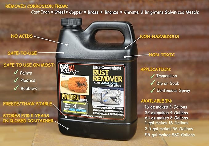 Rust911: Makes 56-Gallons of Rust Remover Dissolver - Economical, Safe-to-Use, No Acids - Fast Rust Removal Without Sanding or Harsh Chemicals - Ultra-Concentrated 3.5-Gallon Bottle