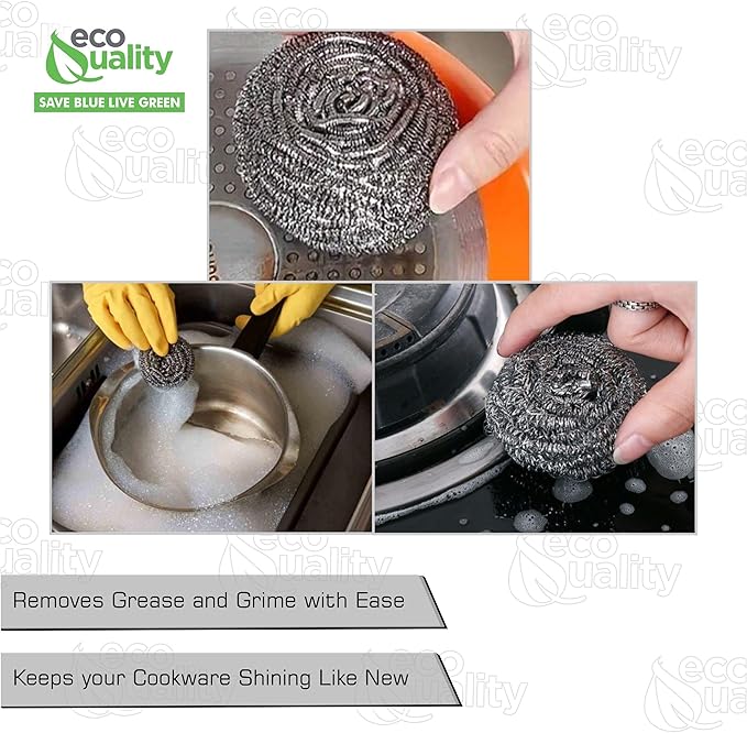 Stainless Steel Sponges Scourer, Steel Wool Scrubber, Scrubbing Scouring Pad for Pots, Pans and Ovens Great for Kitchen, Bathroom, Outdoors by EcoQuality (72)