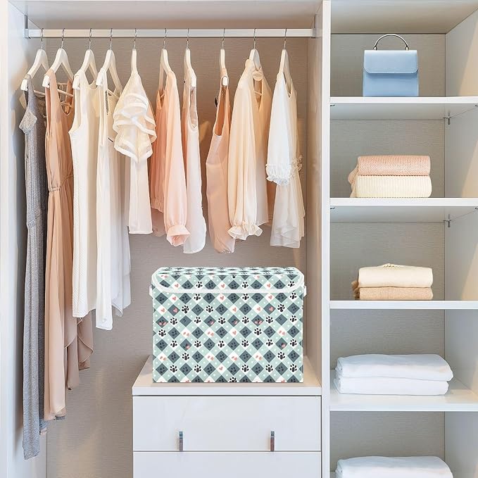 senya Large Storage Bins with Linen Collapsible Foldable Storage Cubes Fabric Closet Organizer Containers box with Flip-Top Lid for Home Bedroom Office 16.7 x 12.6 x 11.8in (Much Dog Paw Print)