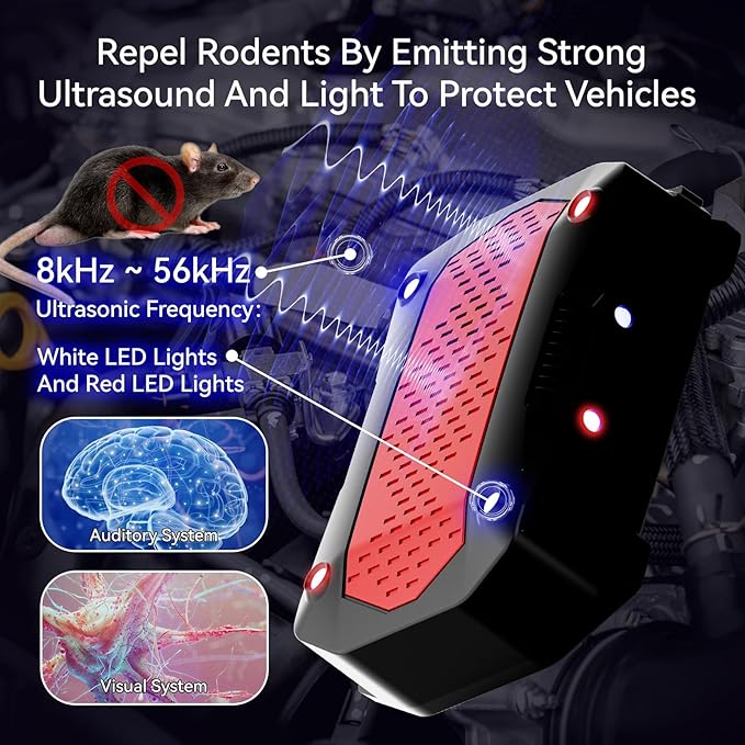 Ultrasonic Rodent Repellent, Plug-in Mouse Rat Pest Bat Squirrels Skunks Repellent for Car with Battery Powered Under Hood, Keep Mice Out of Cars Engines, Indoor, Outdoor, Garage, Room