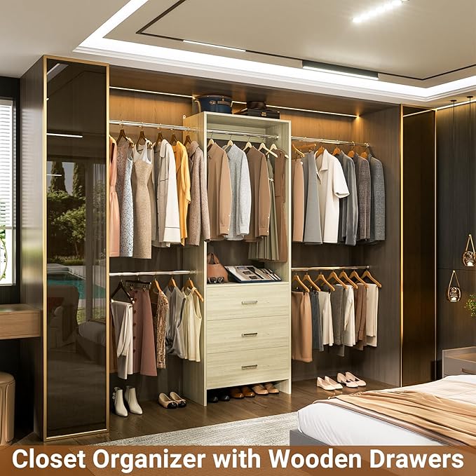 Aheaplus Closet System, Closet Organizer with 3 Wooden Drawers, Closet Organizer System, Walk-in Closet Wardrobe Clothes Rack with 4 Hanging Rods, Garment Rack, -4R,White Oak