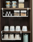 2Pack Under Shelf Storage Basket Organizer Expandable Width Add-On Space Saver Hanging Under Cabinet Pantry Kitchen Countertop Desktop Board Slide-In White Heavy-Duty Metal Higher & Wider Size