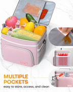 HOTOR Insulated Lunch Box for Men & Women - Leak-Proof Cooler Lunch Bag with 4 Pockets, Adjustable Strap, Ideal for Work, Picnic, Travel - Medium, Light Pink, 10.2"×6.9"×8.5"