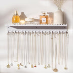Necklace Holder Wall Hanging Organizer: Wall Mounted Jewelry Shelf with 56 Hooks and Tray, Display Hanger for Kids, Girls and Women, White & Metal