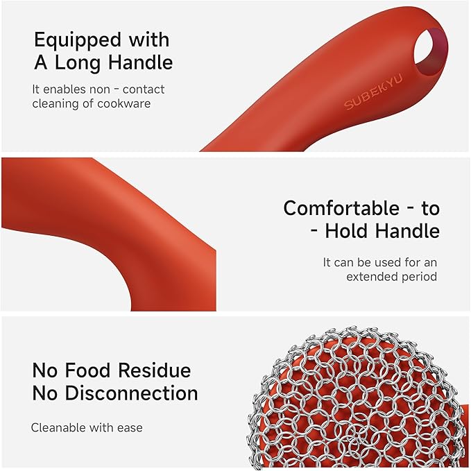 SUBEKYU Cast Iron Scrubber with Silicone Handle, Stainless Steel Skillet Cleaner for Cast Iron Pans (Red Scrubber + Scraper)