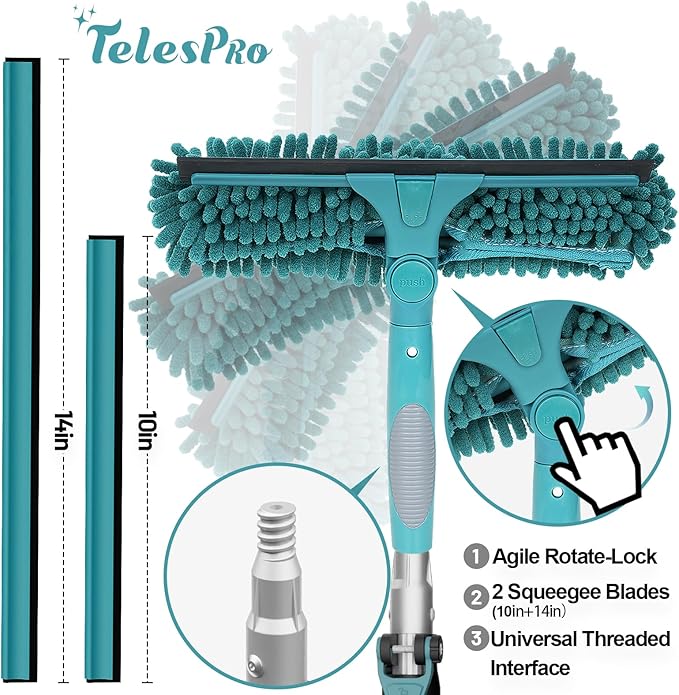 36 Feet High Reach Window Squeegee with 7-30 Ft Extension Pole, Window Cleaner Tool with 5-Stage Telescoping Pole, Window Cleaning Kit with Rotatable Head (2 Squeegee & 2 Microfibre Cloths)