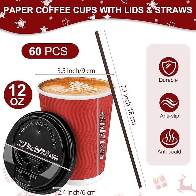 60 Pack 12 Oz Christmas Paper Coffee Cups with Black Lids Disposable Insulated Corrugated Ripple Wall Cup for Hot or Cold Drinks Office Home Travel Party Supplies