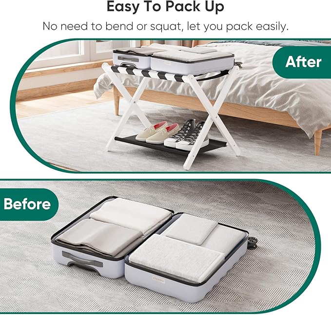 Smuxee White Bamboo Luggage Rack for Guest Room, Foldable Suitcase Stand with Storage Shelf, Easily Assembled Luggage Stand with 5 Nylon Straps for Guest Room Bedroom Hotel