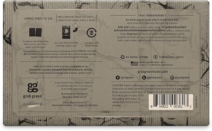 Grab Green, Stoneworks, Dryer Sheets, 80 Compostable Sheets (Birch Branch)