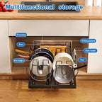 Mustorn 2 Pack Pots and Pans Organizer Under Cabinet, 21.6" Deep Pull Out Pot Lid Organizer Holder with Guardrail Adhesive Pot and Pan Holder Rack with 10 Adjustable Dividers(Black)