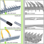 Thatch Rake 15 Inch Wide Efficient Dethatcher Rake for Cleaning Dead Grass, Combs Turf & Loosens Soil, Steel Metal Grass Rakes with Stainless Steel Handle Versatile Leveler &Cleans for Garden