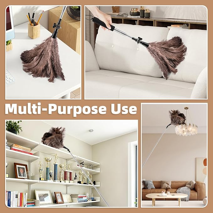 Extendable Ostrich Feather Duster with 19-49 inch Rotatable Stainless Steel Pole, Natural Feather Duster for Ceiling Fan Cobweb Dusting, Reusable Flexible Cleaning Duster(Include 2 Replacement Heads)