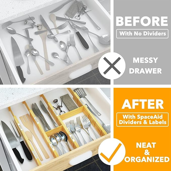 SpaceAid Bamboo Drawer Dividers with Inserts and Labels, Kitchen Adjustable Drawer Organizers, Expandable Organization for Home, Office, Dressers and Bathroom, 6 Dividers with 12 Inserts (17-22 in)