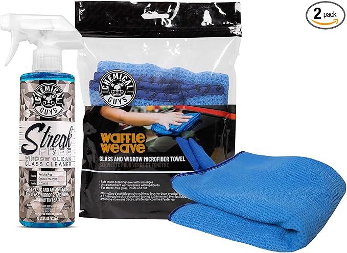 Chemical Guys Streak Free Glass & Window Cleaner (Glass, Windows, Mirrors, Nav Screens & More) Ammonia Free, 16 fl oz + Waffle Weave Glass and Window Microfiber Towel, Blue (24"x16")
