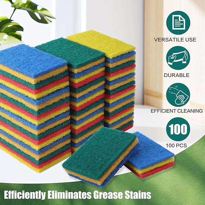 100 Pcs Scouring Pads,Heavy Duty Scour Pads,Reusable Dish Scrubber,Non Scratch Household Scrub Pads,Multipurpose Scour Pads for Kitchen Metal Grills Dish Cleaning,4 x 3 inch (Multicolor)