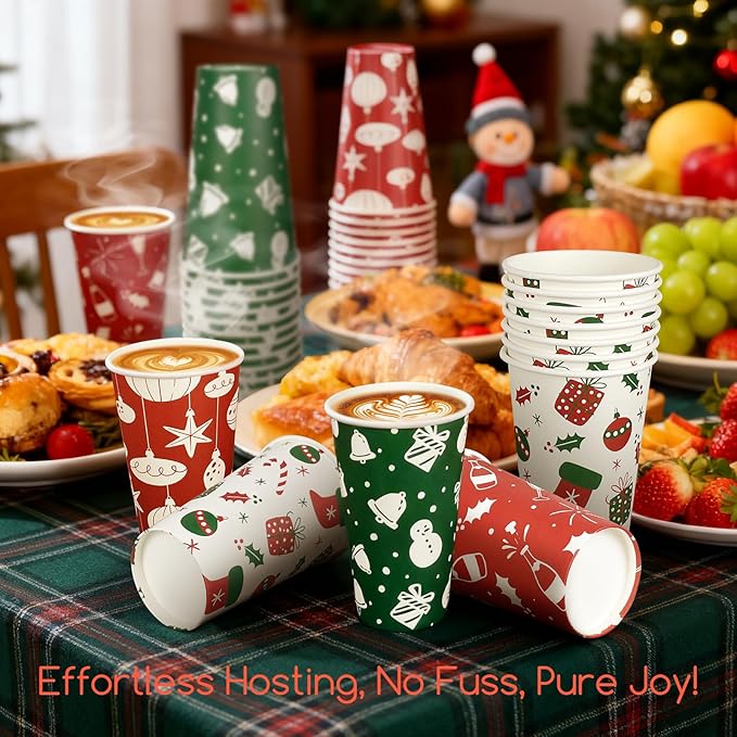 Christmas To Go Coffee Cups with Lids 16 oz Insulated Cups, 48 Packs Hot Cup for Chocolate/Coffee/Tea/Water/Juice, Coffee Bar Accessories with Lid & Sleeve, Christmas Cups Disposable Supplies