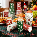 Christmas To Go Coffee Cups with Lids 16 oz Insulated Cups, 100 Packs Hot Cup for Chocolate/Coffee/Tea/Water/Juice, Coffee Bar Accessories with Lid & Sleeve, Christmas Cups Disposable Supplies