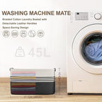 45L Small Laundry Basket with Leather Handles for Living Room Storage, Woven Rope Baskets Bin for Blanket, Kids Toy, Gifts, Wicker Hamper for Bedroom Dirty Clothes, 18"x14"x11" White Black