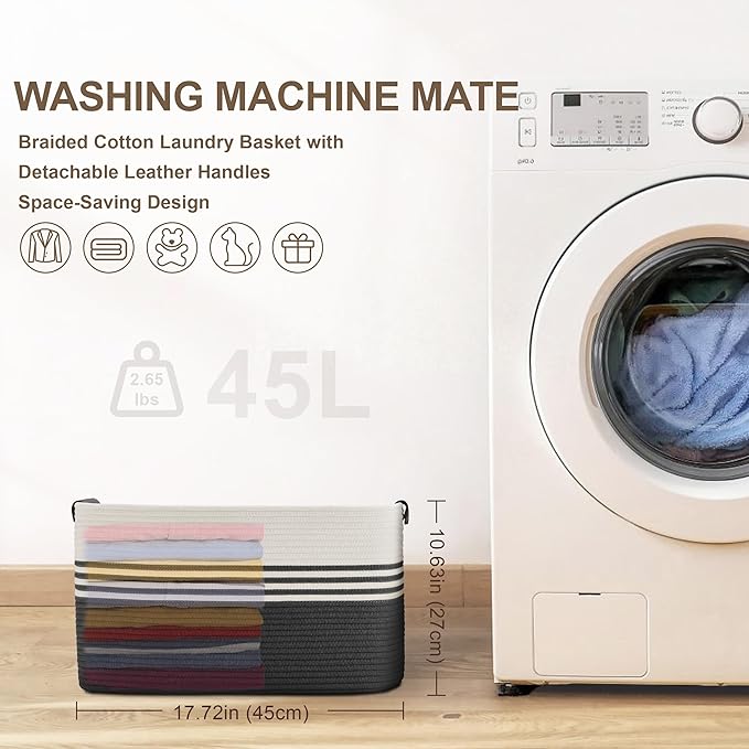 45L Small Laundry Basket with Leather Handles for Living Room Storage, Woven Rope Baskets Bin for Blanket, Kids Toy, Gifts, Wicker Hamper for Bedroom Dirty Clothes, 18"x14"x11" White Black