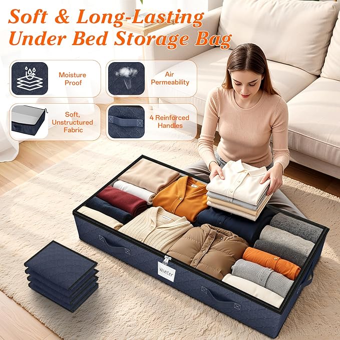 SpaceWhisper 90L Under Bed Storage Containers, 4-Pack Storage Bins with Clear Top, Foldable Closet Organizers and Storage with Label Holder for Clothing, Blankets, Comforter & Pillows(Blue)