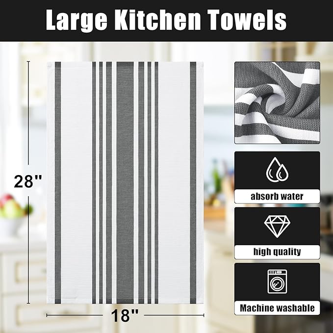 Homaxy Premium Kitchen Towels 18”x 28”, Large Cotton 380 GSM Kitchen Hand Towels, Stripe and Terry Dish Towel, Highly Absorbent Tea Towel Set with Hanging Loop, 8 Pack, Black