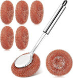 5 Pcs Copper Coated Scourers Copper Scrubbing Pads Scouring Pads 1 PC Steel Wool Scrubber Dish Brush Set with Handle Deep Cleaning Scrubber Silver for Kitchen Cleaning Dishes Pots Pans