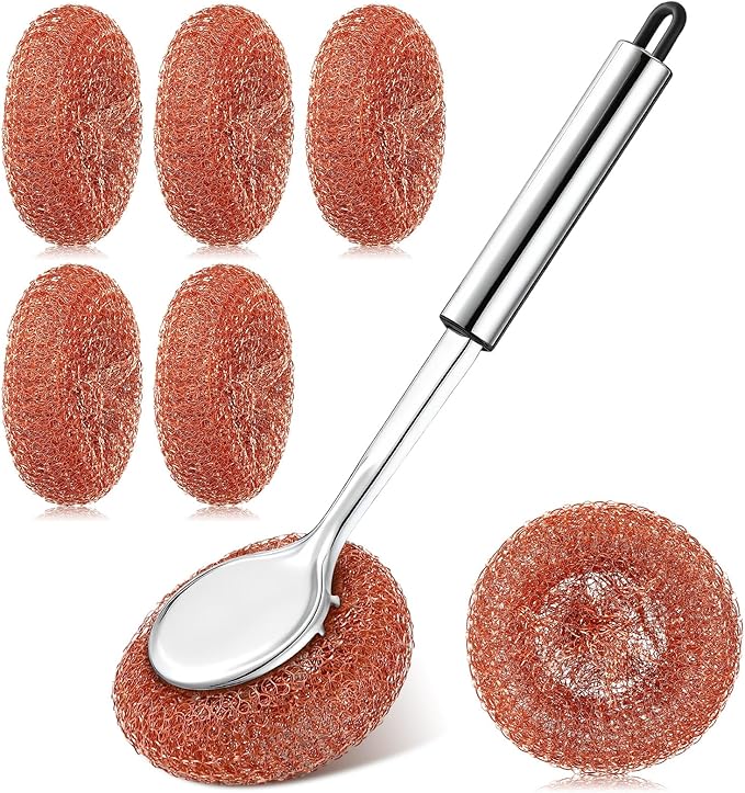 5 Pcs Copper Coated Scourers Copper Scrubbing Pads Scouring Pads 1 PC Steel Wool Scrubber Dish Brush Set with Handle Deep Cleaning Scrubber Silver for Kitchen Cleaning Dishes Pots Pans
