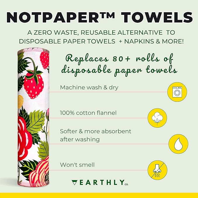 Reusable Paper Towels - 10 Pack - Roll of Washable Cotton Cloth Paper Towels - Paperless Reusable Napkins Cloth Washable - Absorbent + Long Lasting - Zero Waste Products - (Strawberry)