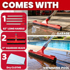 Floor Squeegee with 2 Replaceable Heads – 17'' EVA Foam Blade for Uneven Surfaces, 62'' Long Handle, Built-in Towel Clip, Non-Scratch Heavy Duty Squeegee Broom for Garage, Window, Tile, Patio & Shower