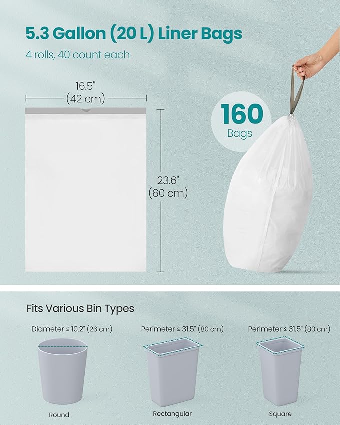 SONGMICS Trash Bags for 5.3 Gallon (20 L) Trash Cans, Drawstring Kitchen Garbage Bags, Pre-Separated, Quick-Dispense Box, Liner Code L, 4 Rolls, 160 Count, White UKRB021A04