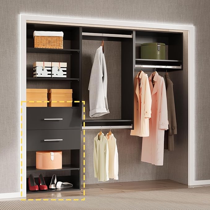 MODCART 2 Drawer Short Tower Closet Unit, Modular Closet System, Wood Closet System Organizer with Storage for Walk In Closets, Clothing Rack Closet for Hanging Clothes, Bedroom, Black, 19.5"W