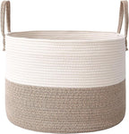 JMvicyroam 65L Extra Large Blanket Basket for Living Room - Woven Cotton Rope Laundry Hamper with Reinforced Handles - Storage Bin for Pillows, Comforters & Toys - Machine Washable,White&Brown