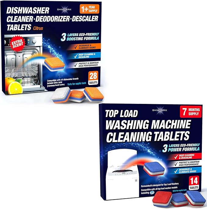 Washing Machine Cleaner Tablets Top Load 14 Pack & Dishwasher Cleaner Deodorizer Descaler Tablets 28 Pack Bundle - 1 Plus Year Supply - Septic Safe Eco Friendly Formula