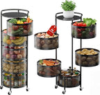 JAQ Rotating Fruit Basket, 5-Tier Metal Sturdy Kitchen Storage Rack Shelf Carts No Assembly on Rolling Wheels for Fruit Vegetable Grocery Corns Potato Onion (5-Tier, Black)