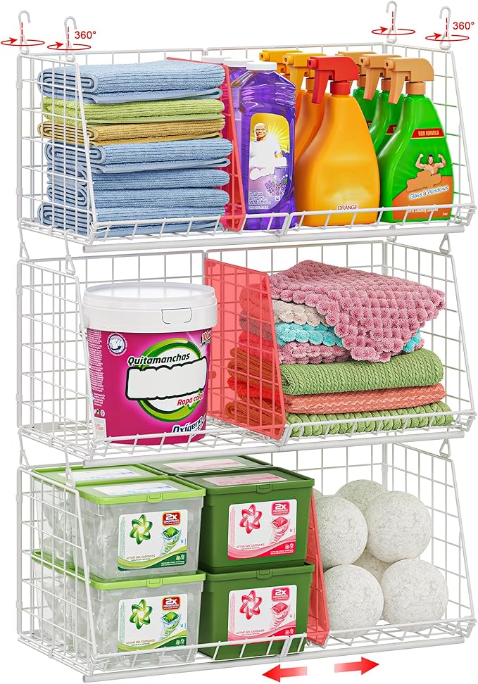 23.62” Extra-Long Under-Shelf Hanging Laundry Basket Organizer, 3-Pack Space-Saving Laundry Organizer, Fits Wire Shelving (Rod Diameter < 0.38”), Modular with Dividers for Custom Laundry Organization