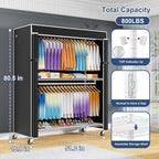 ULIFHOME P8C Max Heavy Duty Clothes Rack（With Extended Width Design） Rolling Clothing Racks for Hanging Clothes with Lockable Wheels，51.2"W x 15.8"D x 80.5"H，Load 700LBS，White Rack with Black Cover